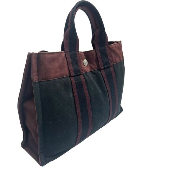Hermès Fourre-Tout PM Black and Burgundy Canvas Tote Bag - Picture 2 of 13